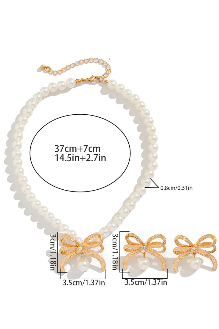 Rhinestone Pearl Bow Decor Plated Necklace and Earrings Set