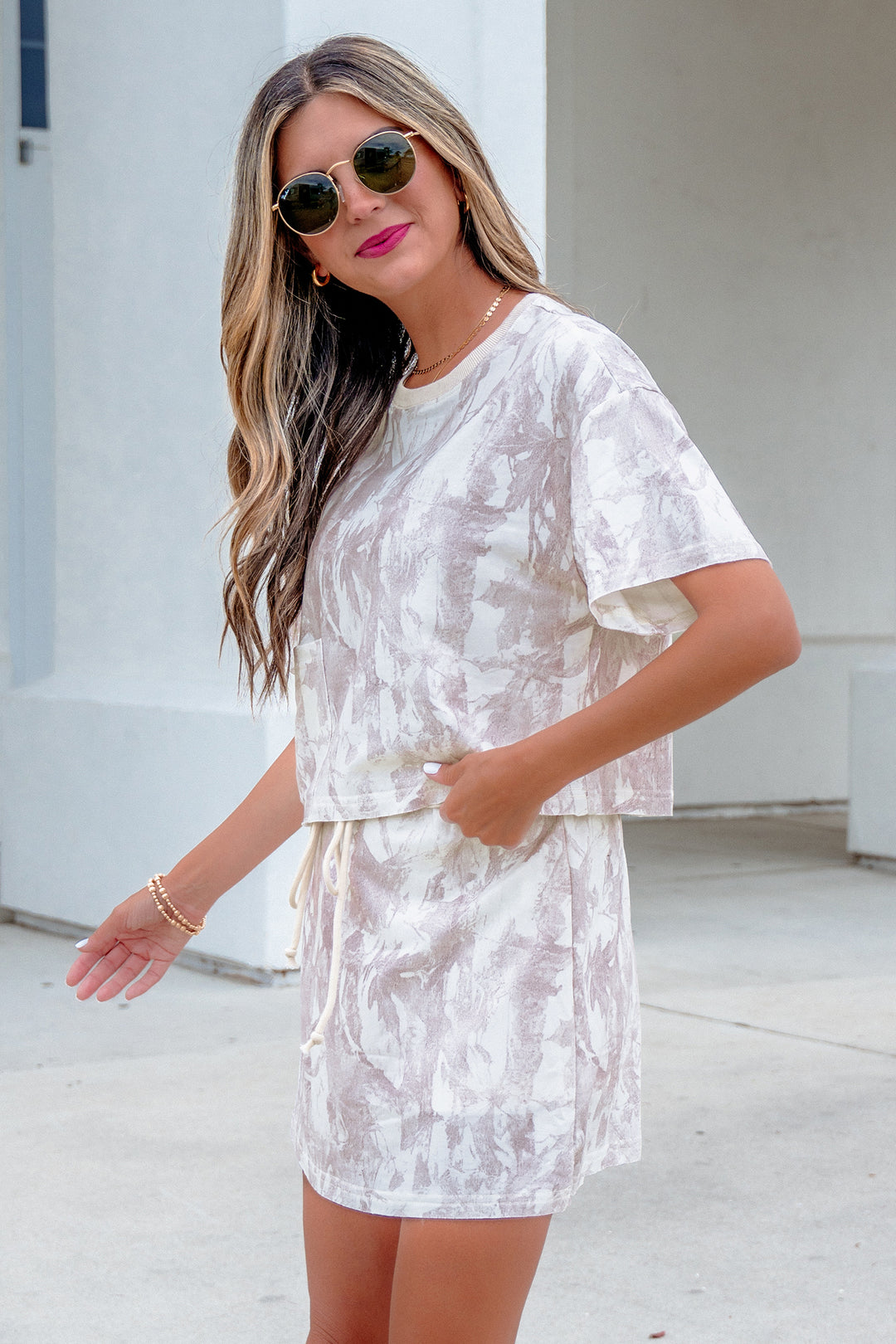 Gray Woodland Camo Print Raw Edge Cropped Top 2pcs Skort Set