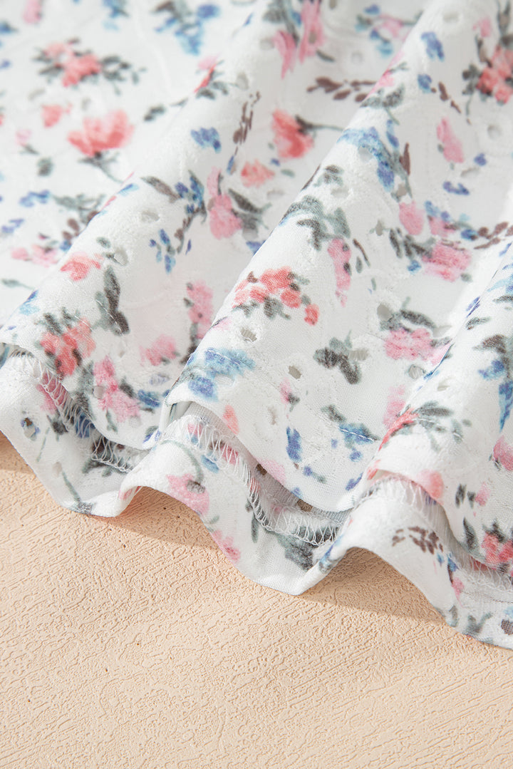 White Floral Print Textured Square Neck Slim Fit Long Sleeve Top