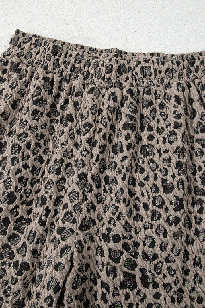 Khaki Jacquard Leopard Half Sleeve Jumper Wide Leg Pant Set