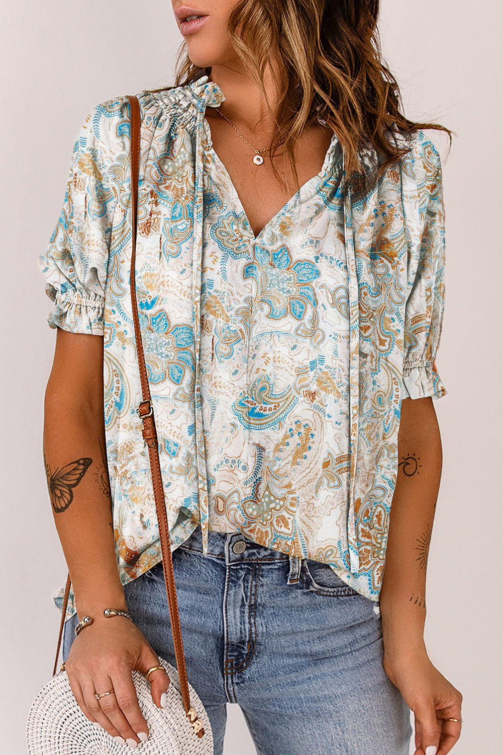 Sky Blue Paisley Pattern Print Drawstring V Neck Blouse