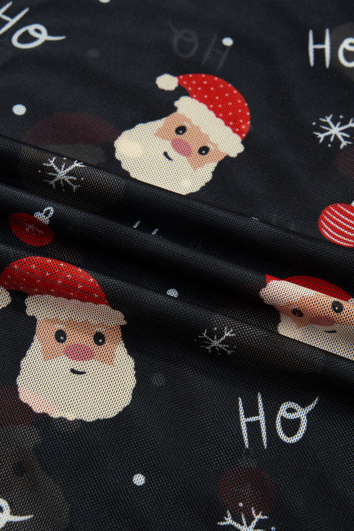 Black Santa Print Sheer Stand Neck Long Sleeve Top