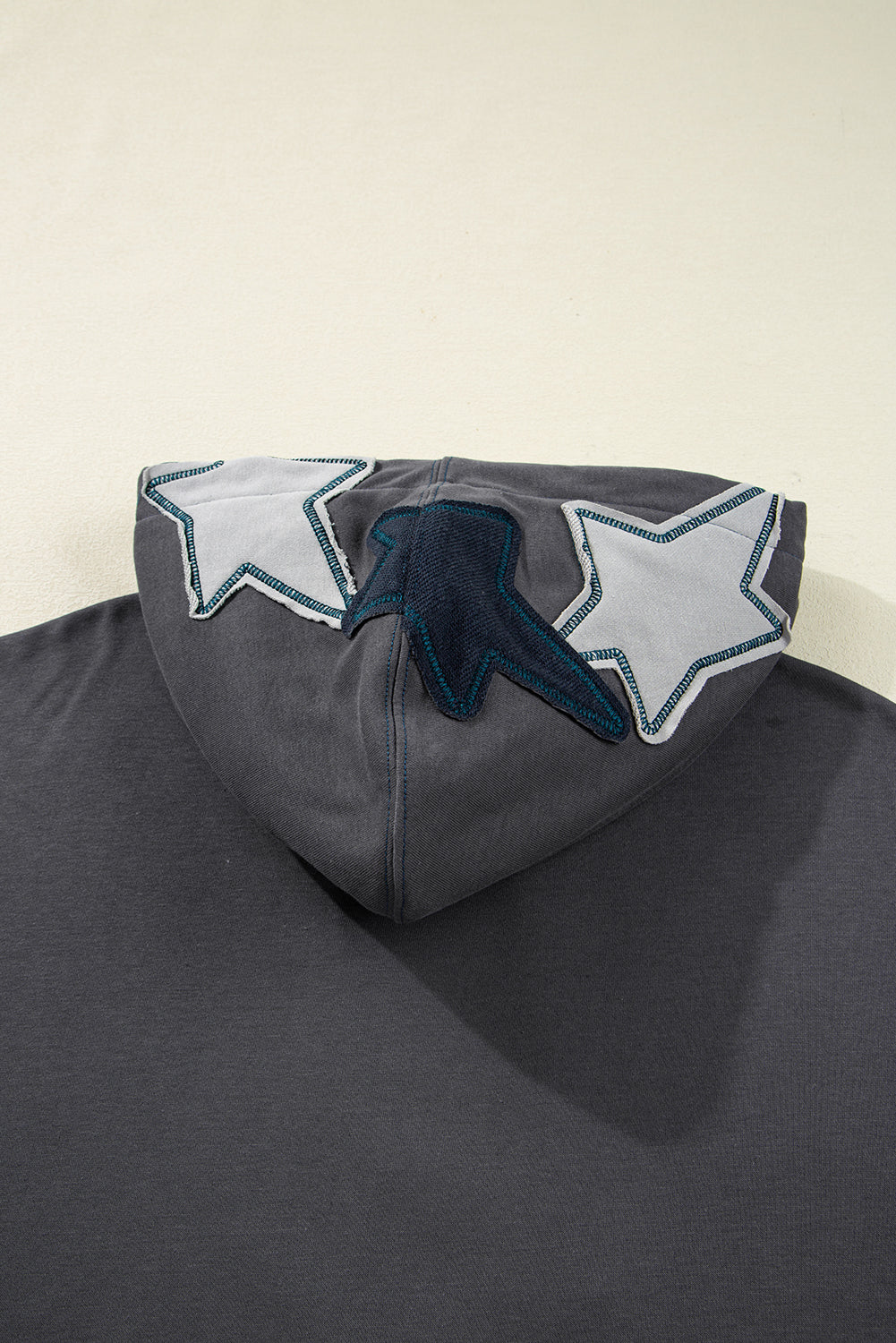 Star Patchwork Contrast Stitching Mineral Wash Kangaroo Pocket Vintage Hoodie