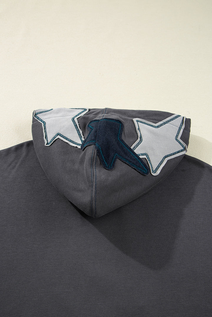 Star Patchwork Contrast Stitching Mineral Wash Kangaroo Pocket Vintage Hoodie