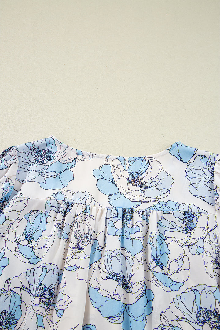 Floral Print Frilly Smocked Square Neck Long Sleeve Blouse