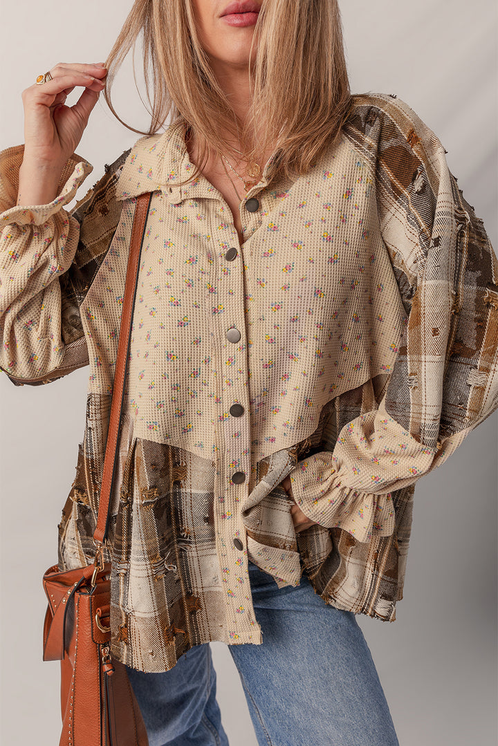 Oatmeal Boho Floral Plaid Patchwork Ruffled Sleeve Waffle Knit Shacket
