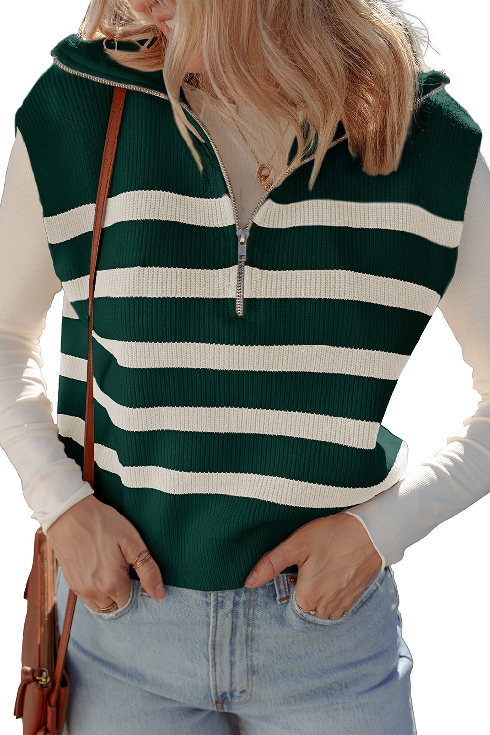 Ribbed Half Zip Collared Sweater Vest