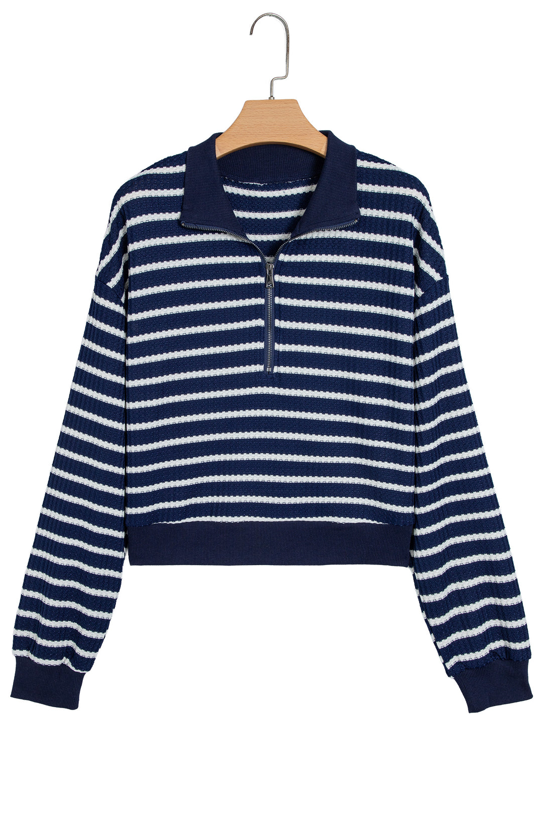 Blue Stripe Textured Knit Half Zip Collared Long Sleeve Top
