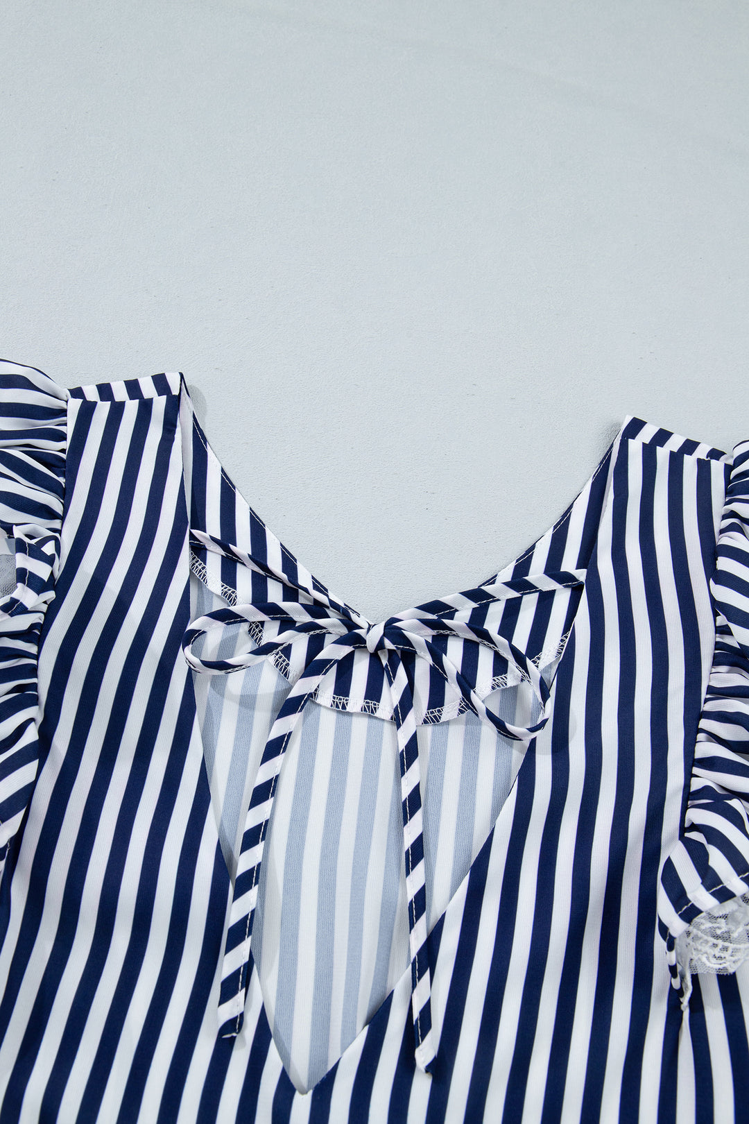 Blue Stripe V Neck Lace Contrast Ruffle Trim Tank Top