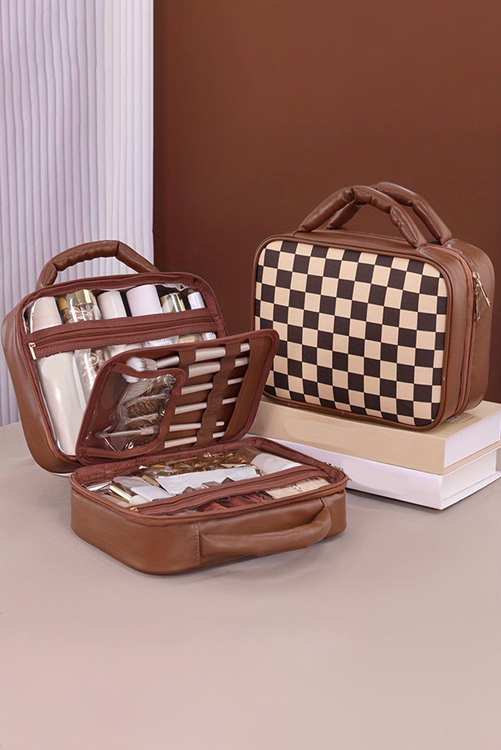 Checkered Multiple Compartments PU Leather Cosmetic Bag