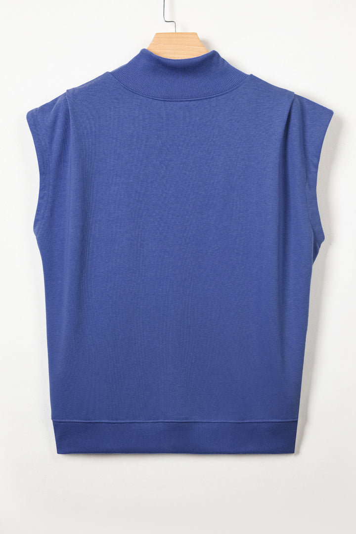 Sky Blue Solid Color High Neck Cap Sleeve Loose Top