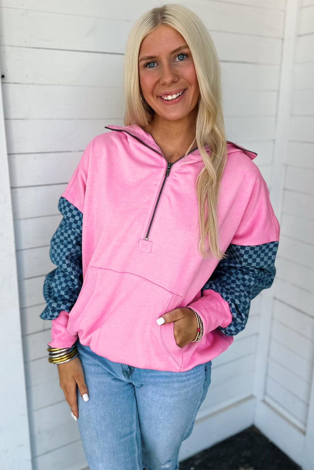 Checkered Patchwork Kangaroo Pocket Half Zipper Hoodie