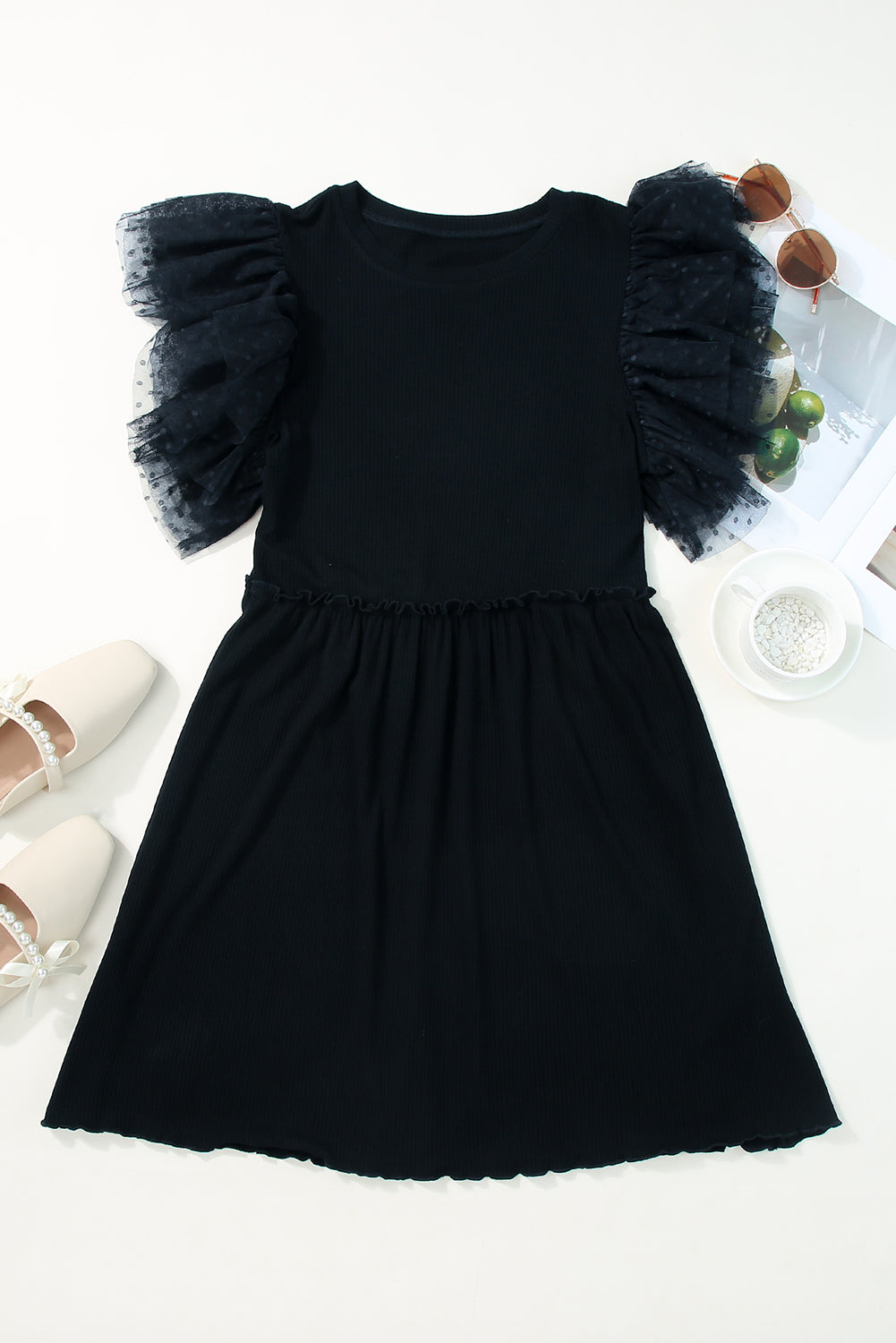 Dotty Mesh Ruffle Sleeve Ribbed Knit Babydoll Mini Dress