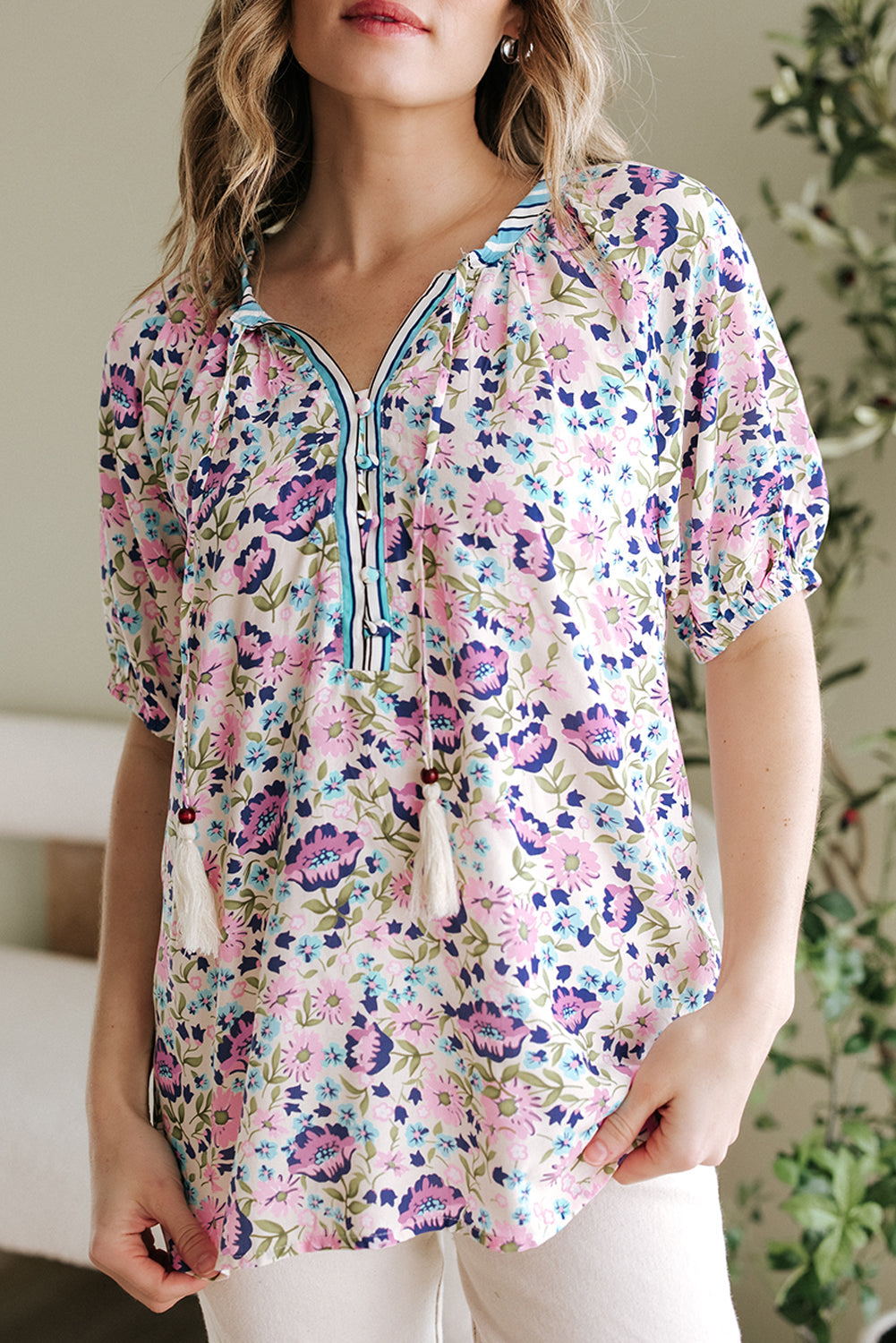Bohemian Floral V Neck Loose Half Sleeve Blouse