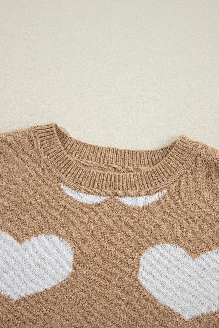 Contrast Heart Pattern Round Neck Sweater