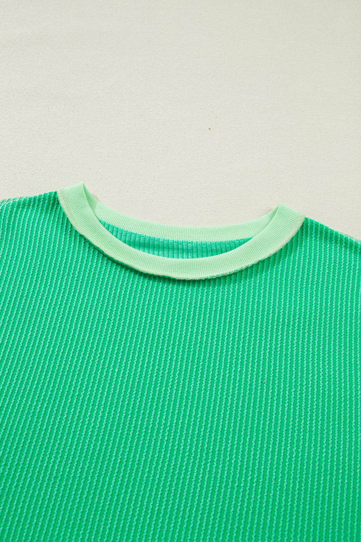 Casual Mint Green Loose Uneven Hem Twist Ribbed T Shirt