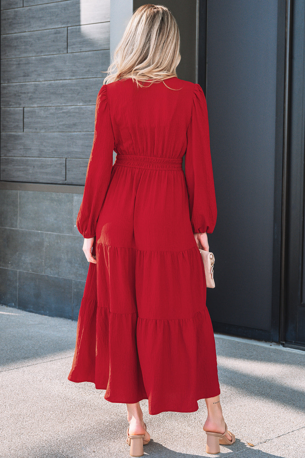 Contrast Embroidered Detail Cinched Waist Tiered Long Sleeve Maxi Dress