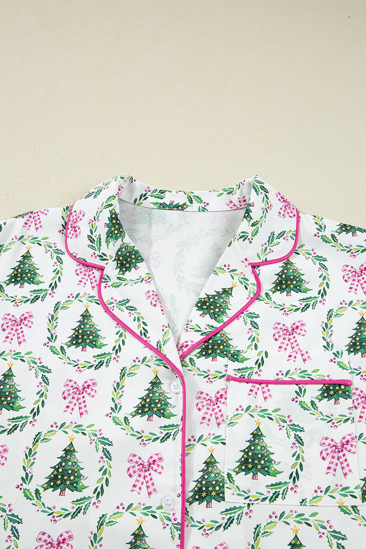 Green Christmas Fashion Print Velvet Trim Bow Knot Pajama 2pcs Short Set