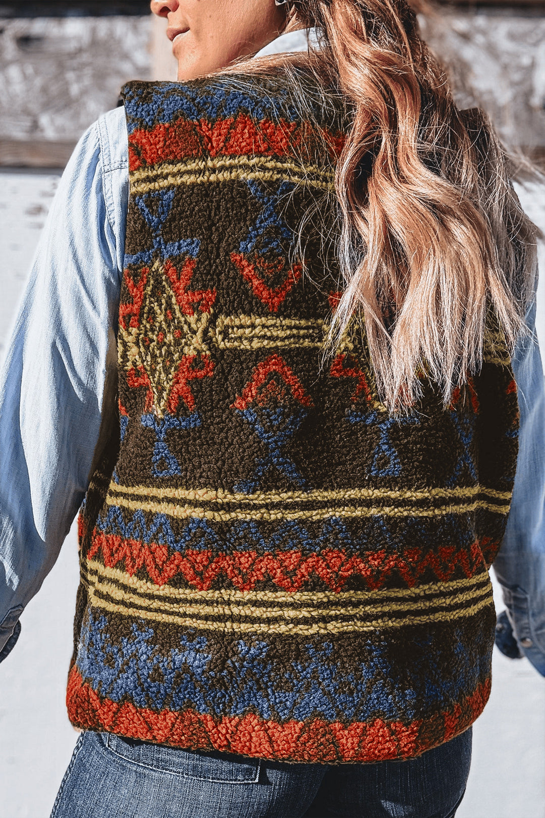 Multicolour Western Print Faux Fur Metal Zipper Insert Pockets Vest
