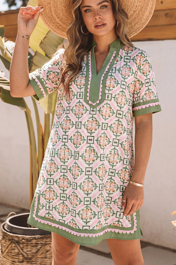 Multicolour Boho Geometric Flower Print Short Sleeve Loose Mini Dress