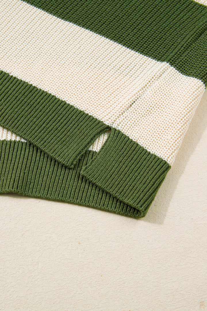 Green Stripe Colorblock Notched Neck Plus Size Sweater