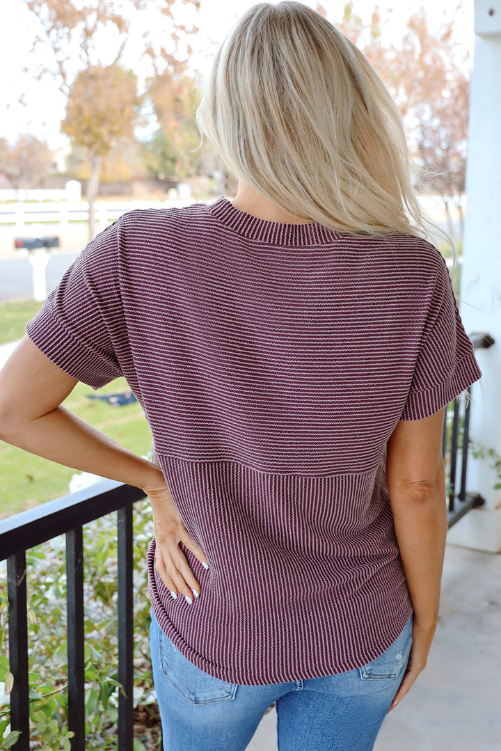 Plain Corded Knit Mock Neck T Shirt