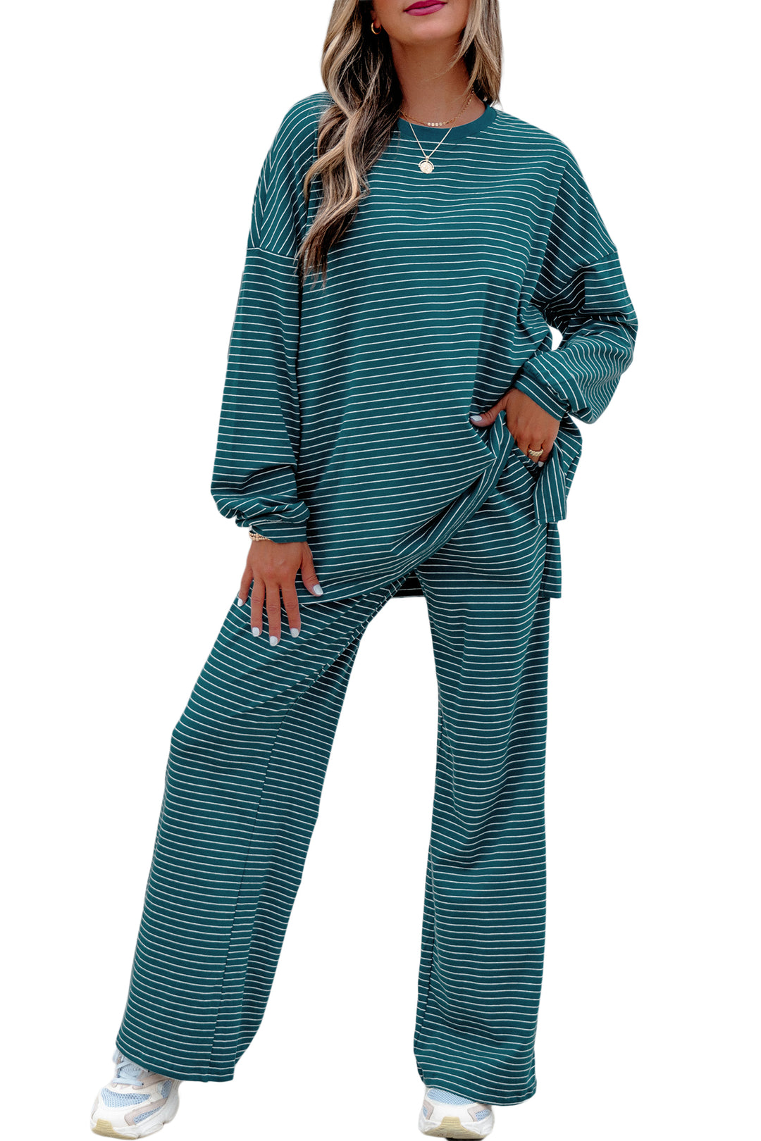 Green Stripe Dropped Shoulder Long Sleeve Top Elastic Waist Pants Casual 2pcs Set