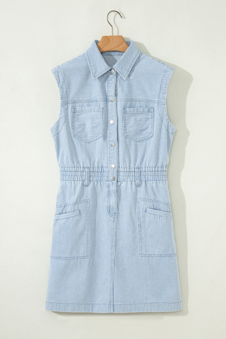 Sky Blue Stripe Sleeveless Denim Mini Dress