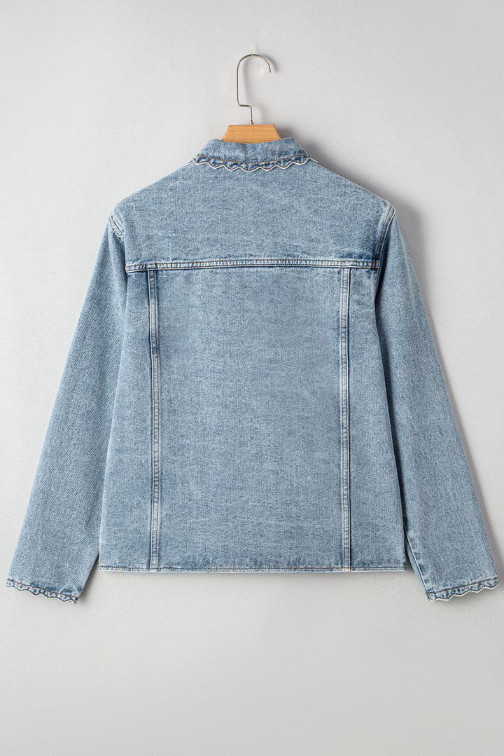 Scallop Trim Collar Patched Pocket Button Up Denim Jacket