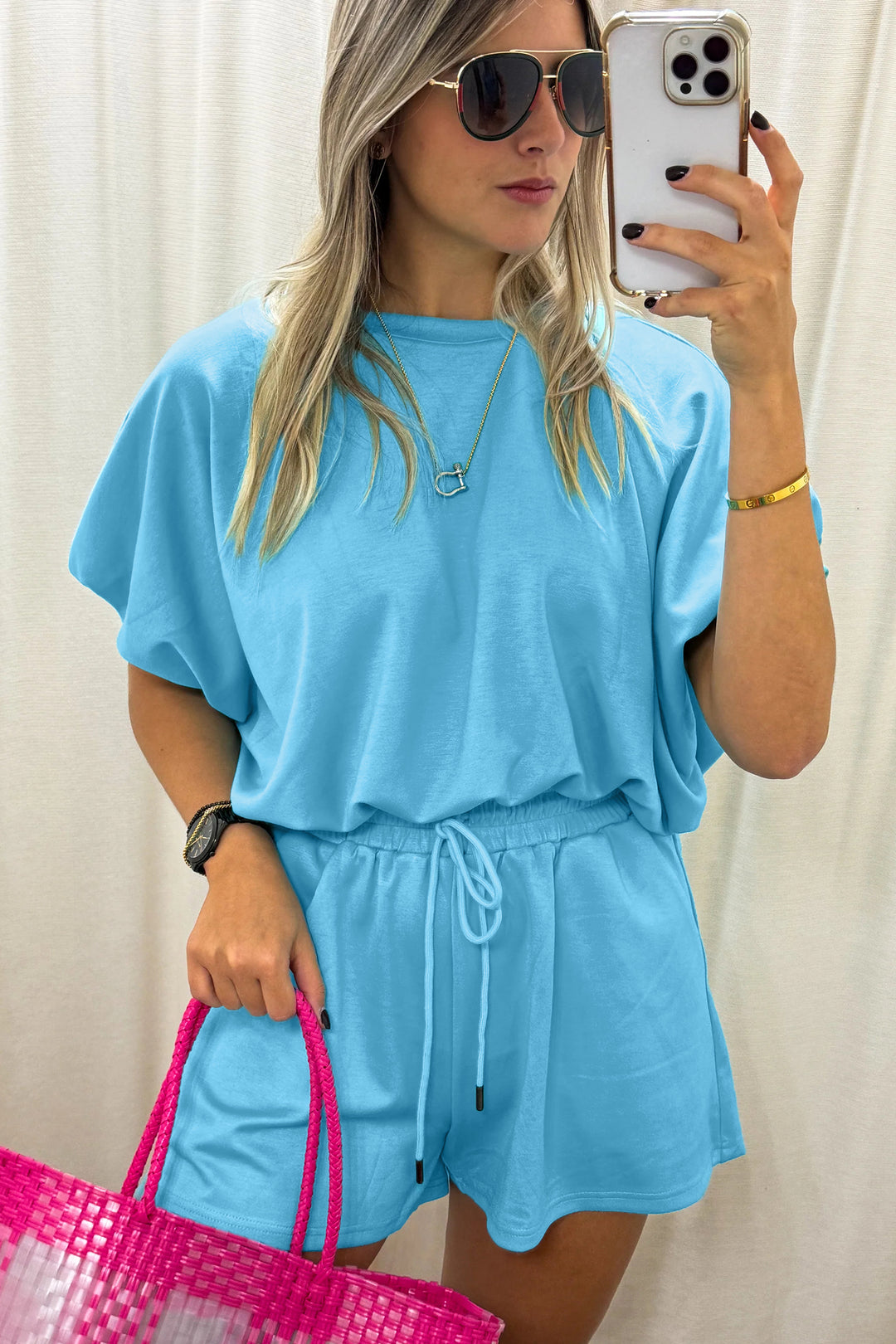 Light Blue Solid Color Puffy Loose Top Drawstring Shorts 2pcs Outfit
