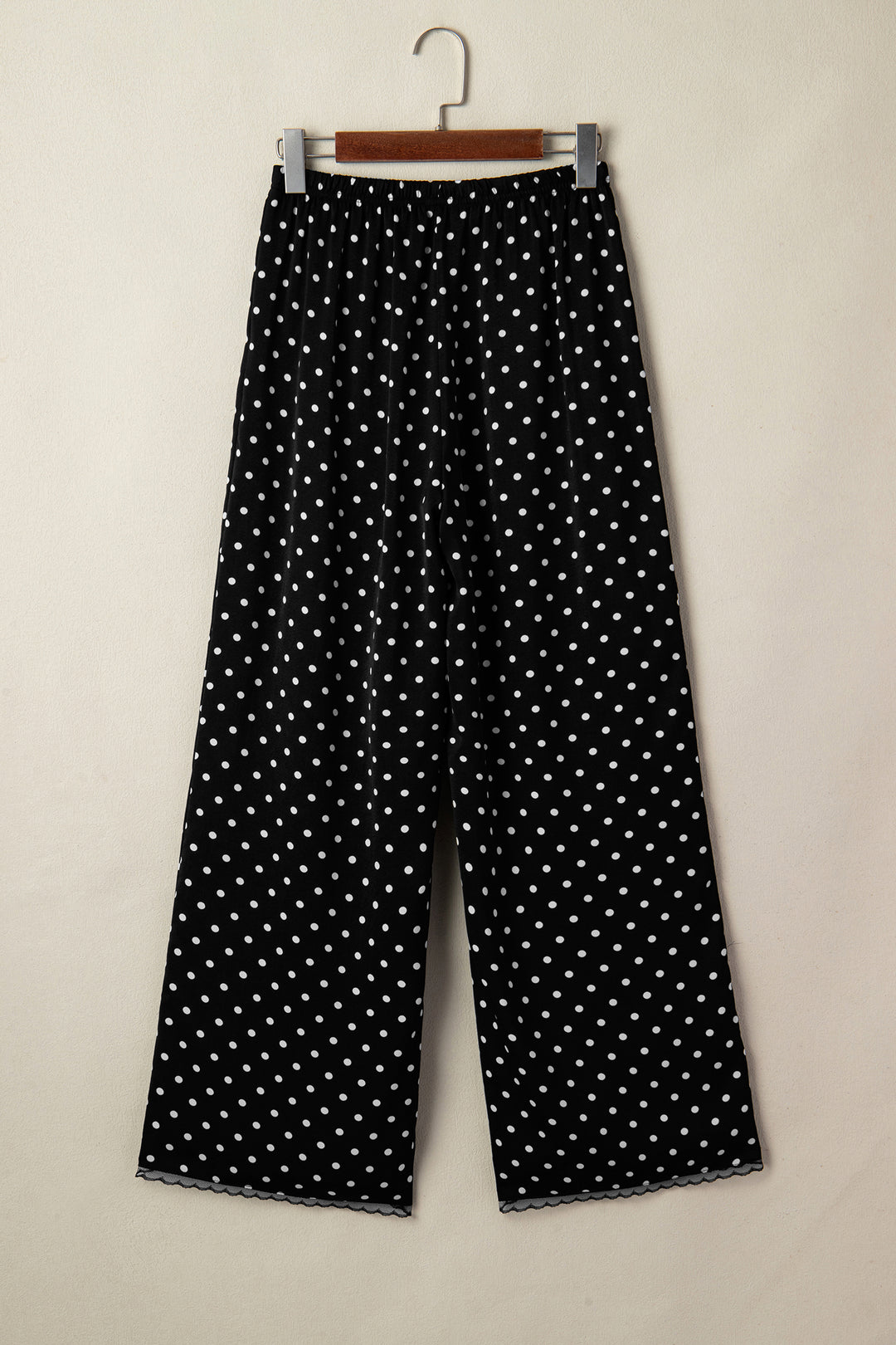 Black Polka Dot Print Elastic Waist Lace Hem Loose Pants