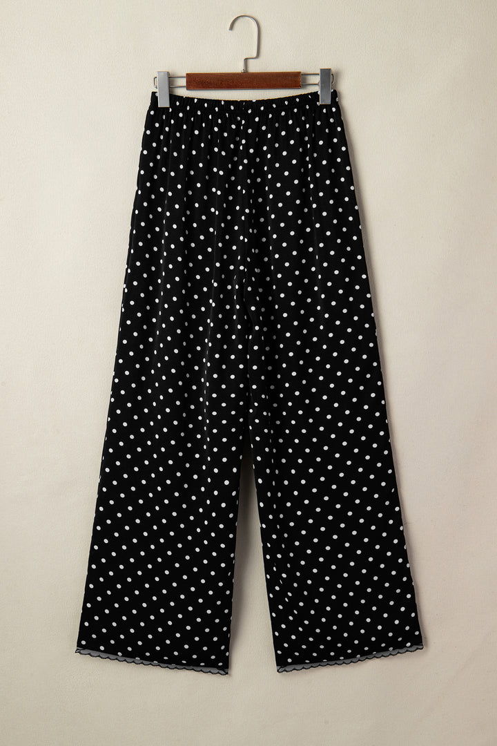 Black Polka Dot Print Elastic Waist Lace Hem Loose Pants
