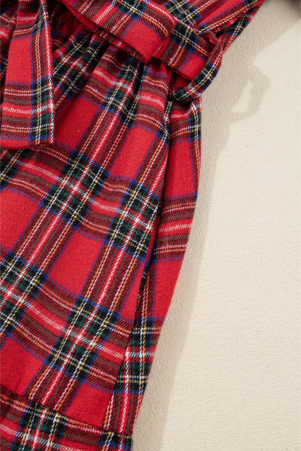 Christmas Plaid V Neck 3/4 Sleeve Tie Waist Ruffle Hem Long Dress