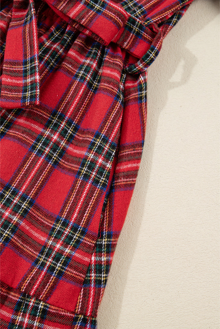 Christmas Plaid V Neck 3/4 Sleeve Tie Waist Ruffle Hem Long Dress