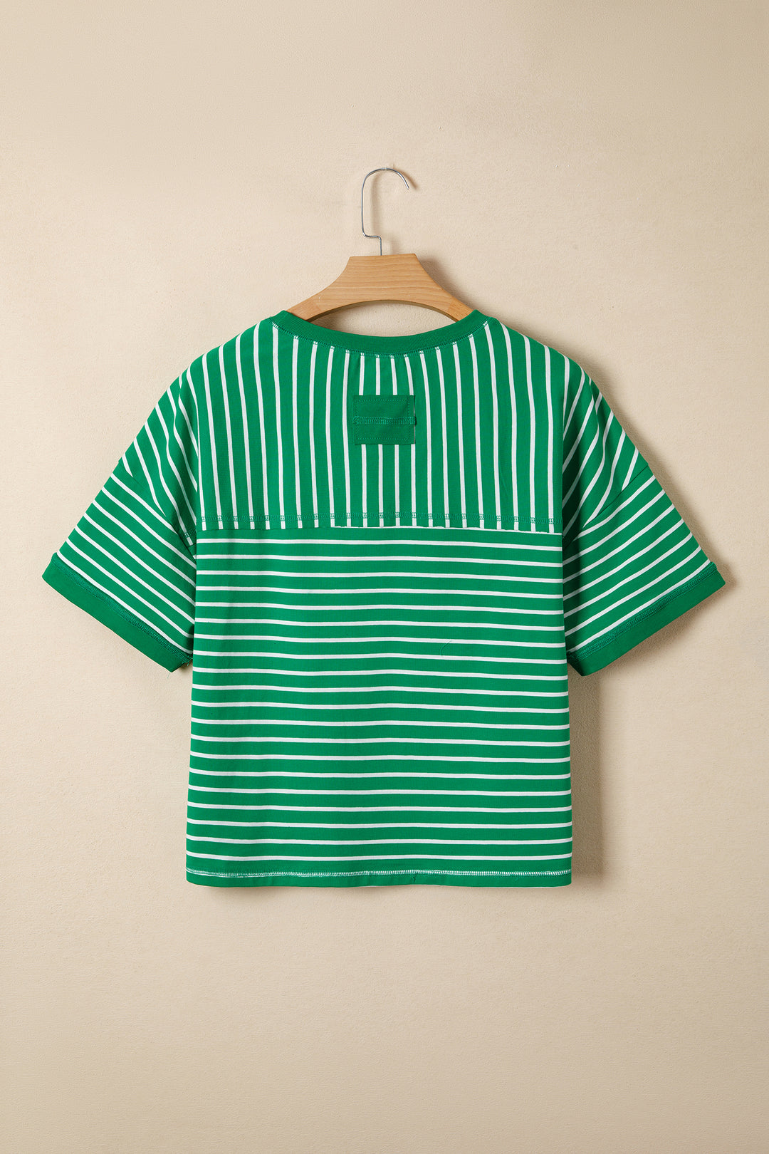 Green Stripe Ribbed Patchwork Seam Detail Half Sleeve Tee