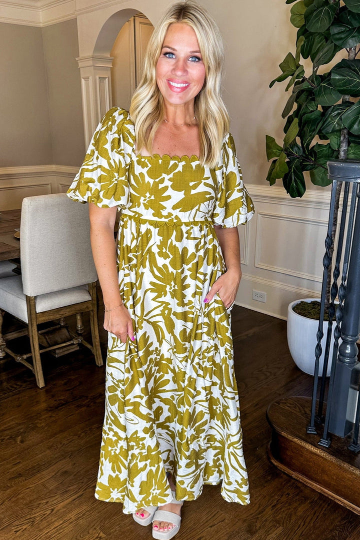 Scalloped Trim Square Neck High Waist Floral Maxi Dress