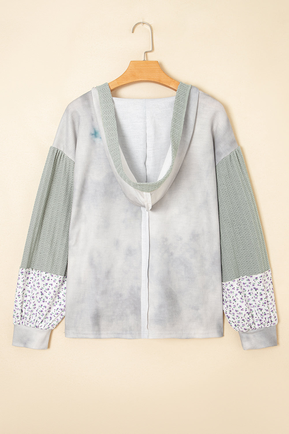 Floral Patched Waffle Textured Colorblock V Neck Casual Hooded Top