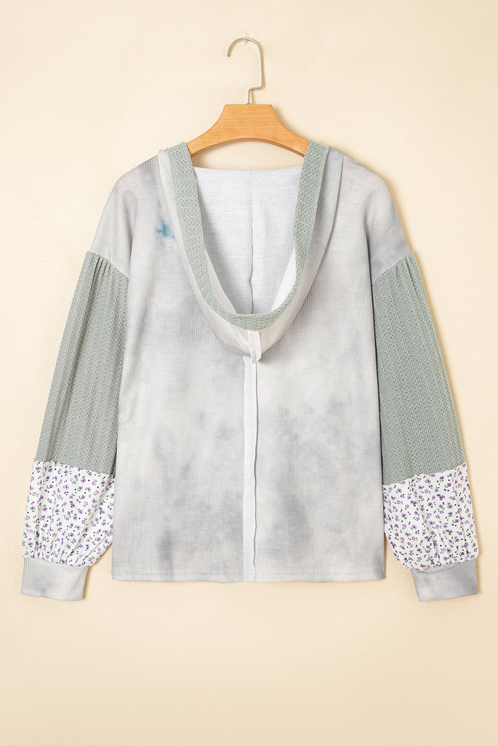 Floral Patched Waffle Textured Colorblock V Neck Casual Hooded Top