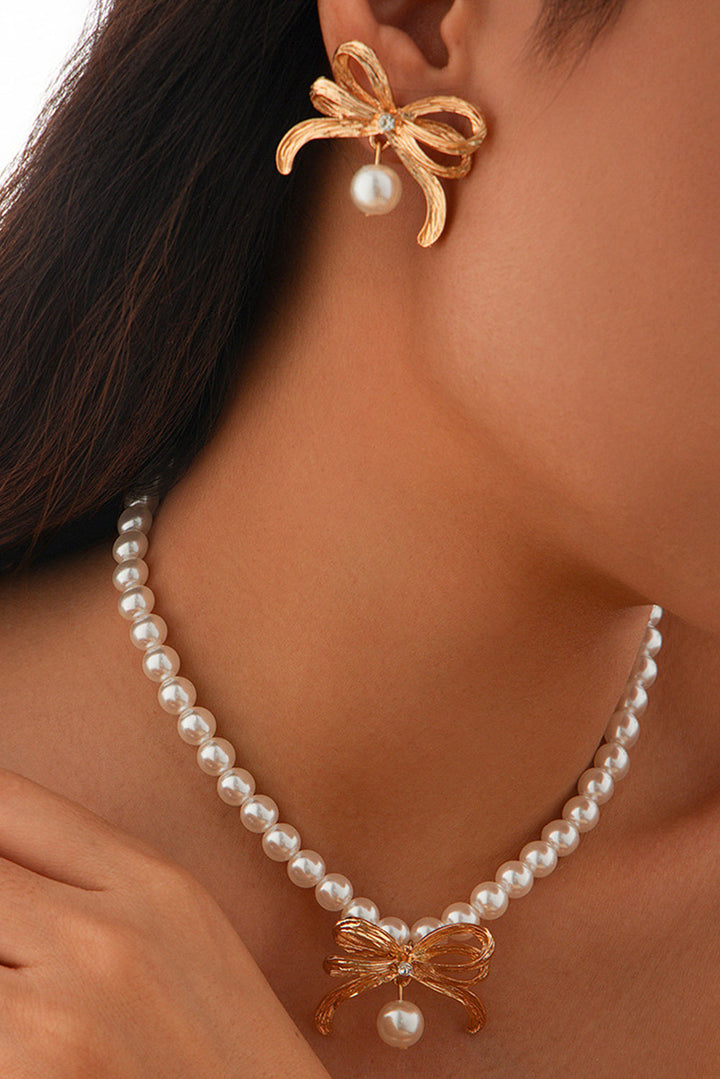 Rhinestone Pearl Bow Decor Plated Necklace and Earrings Set