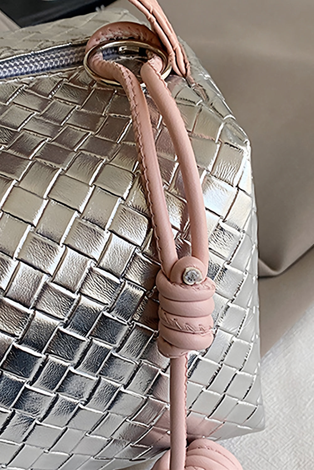 Lattice Texture Corded Ball Decor Weaven Handle Cosmetic Bag