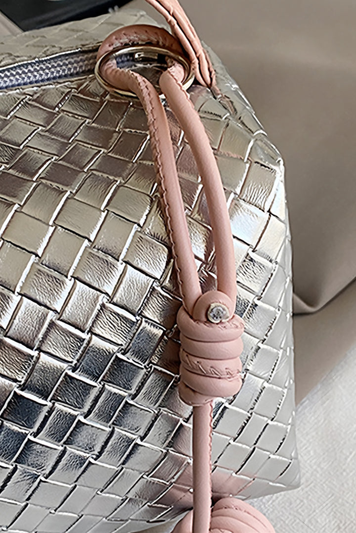 Lattice Texture Corded Ball Decor Weaven Handle Cosmetic Bag
