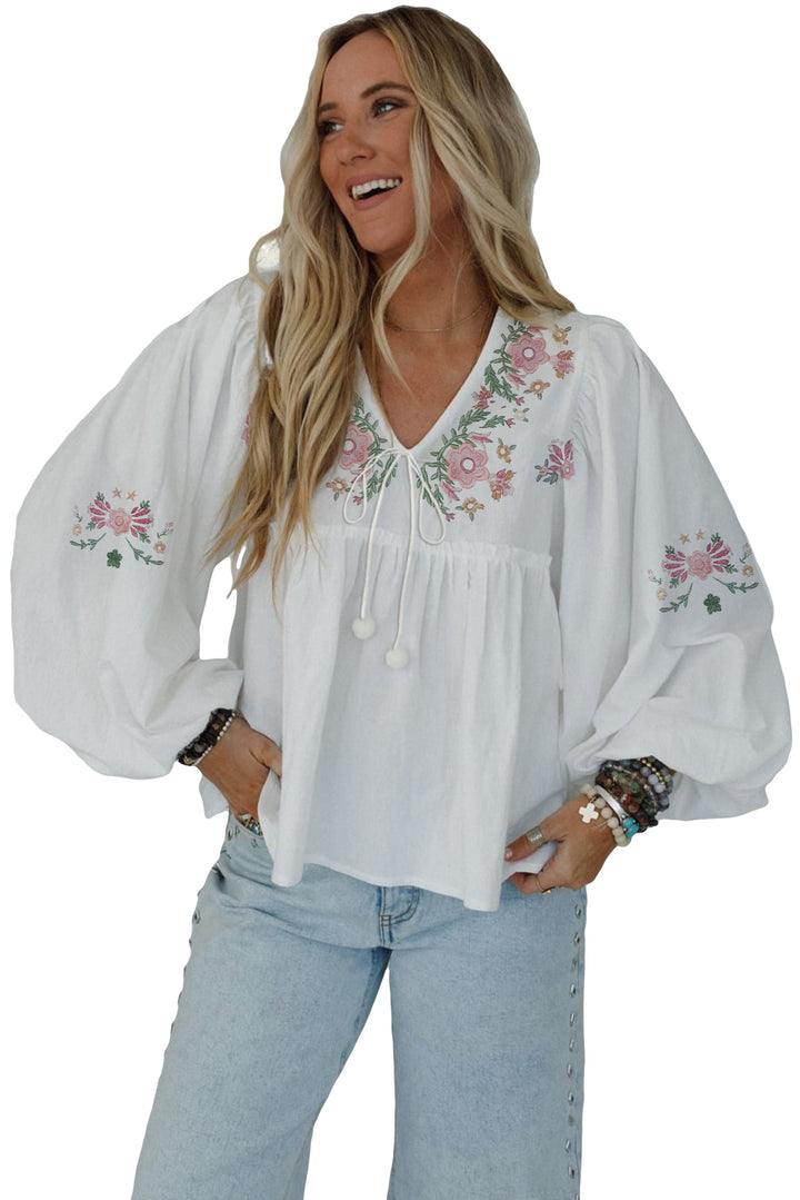 Flower Print Lace-up V Neck Babydoll Blouse