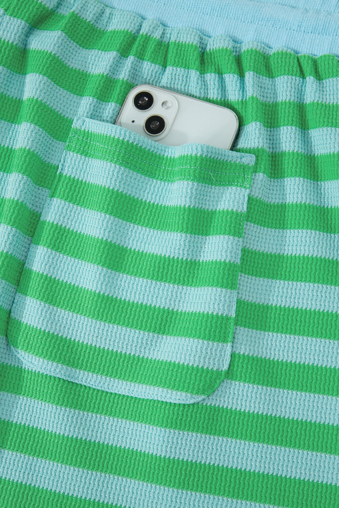 Green Stripe Plus Size Colorblock Detail Puff Sleeve Top Drawstring Shorts 2pcs Outfit