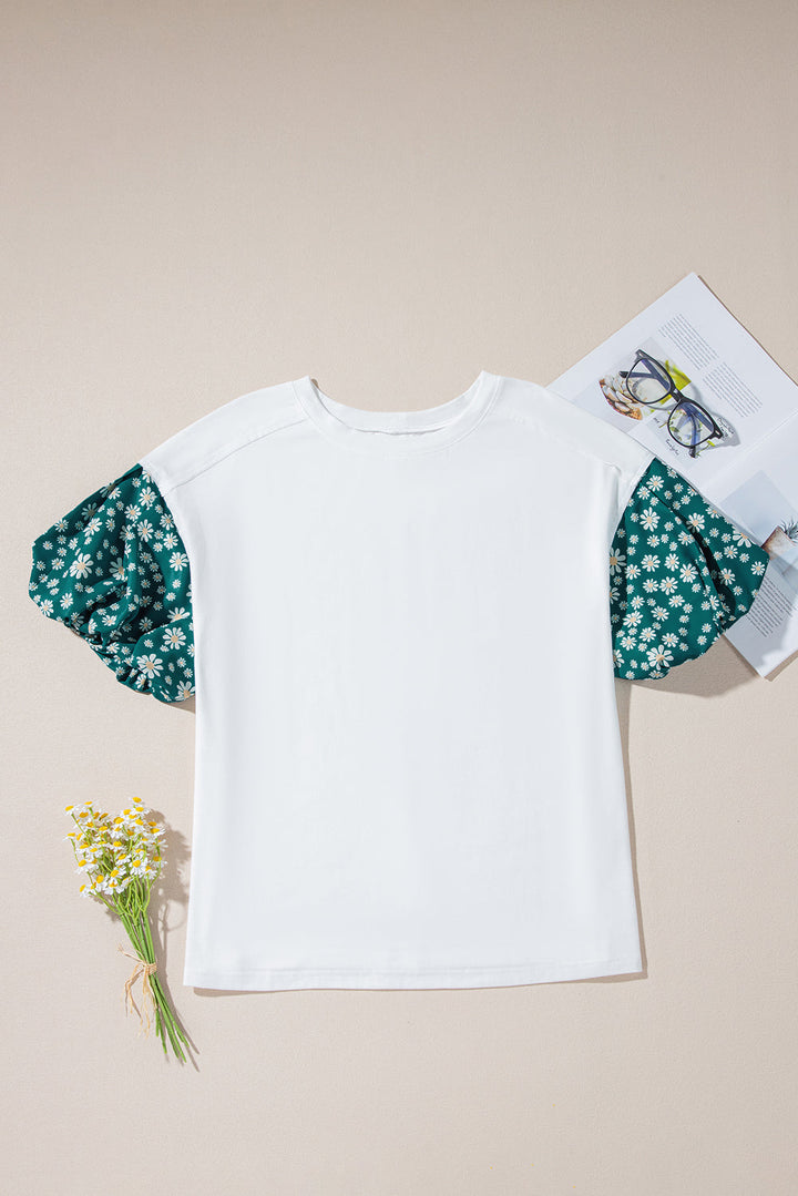 contrast floral puff sleeve oversized top