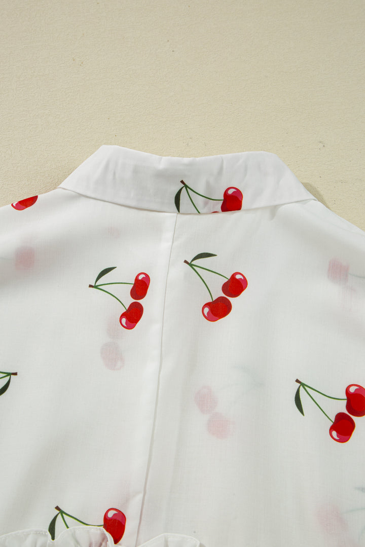 Cherry Print Flounce Sleeve Collared Frilled Babydoll Blouse