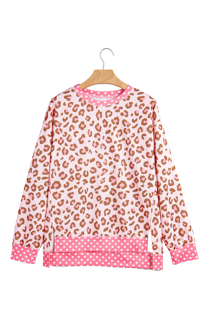 Pink Leopard Polka Dot Colorblock Trim Long Sleeve Top