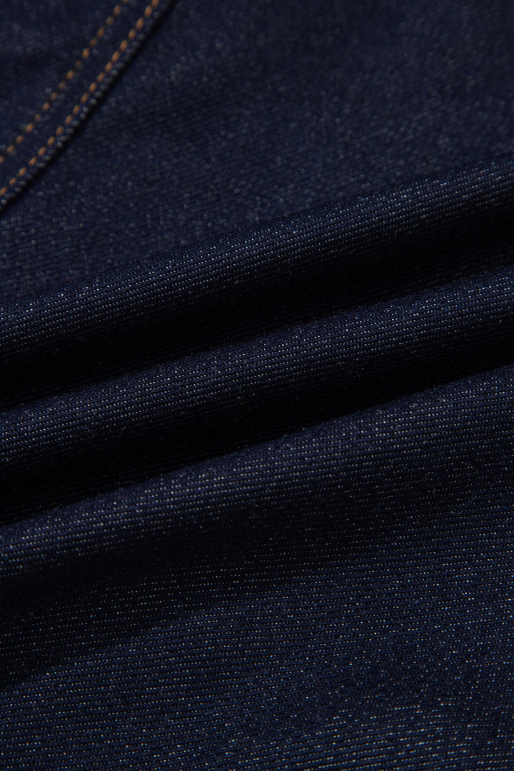 Navy Blue Contrast Collar Stitched Detail Button Denim Jacket