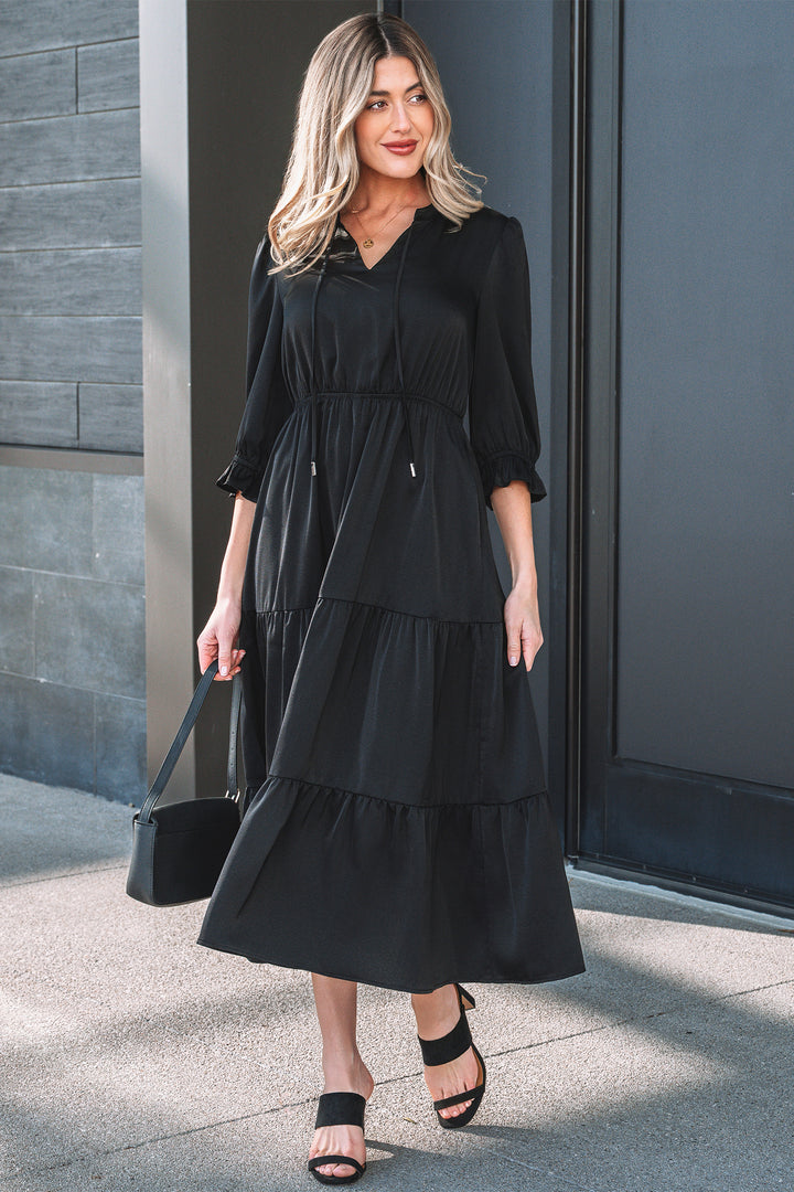 Flounced Bracelet Sleeve V Neck Tiered Maxi Dress