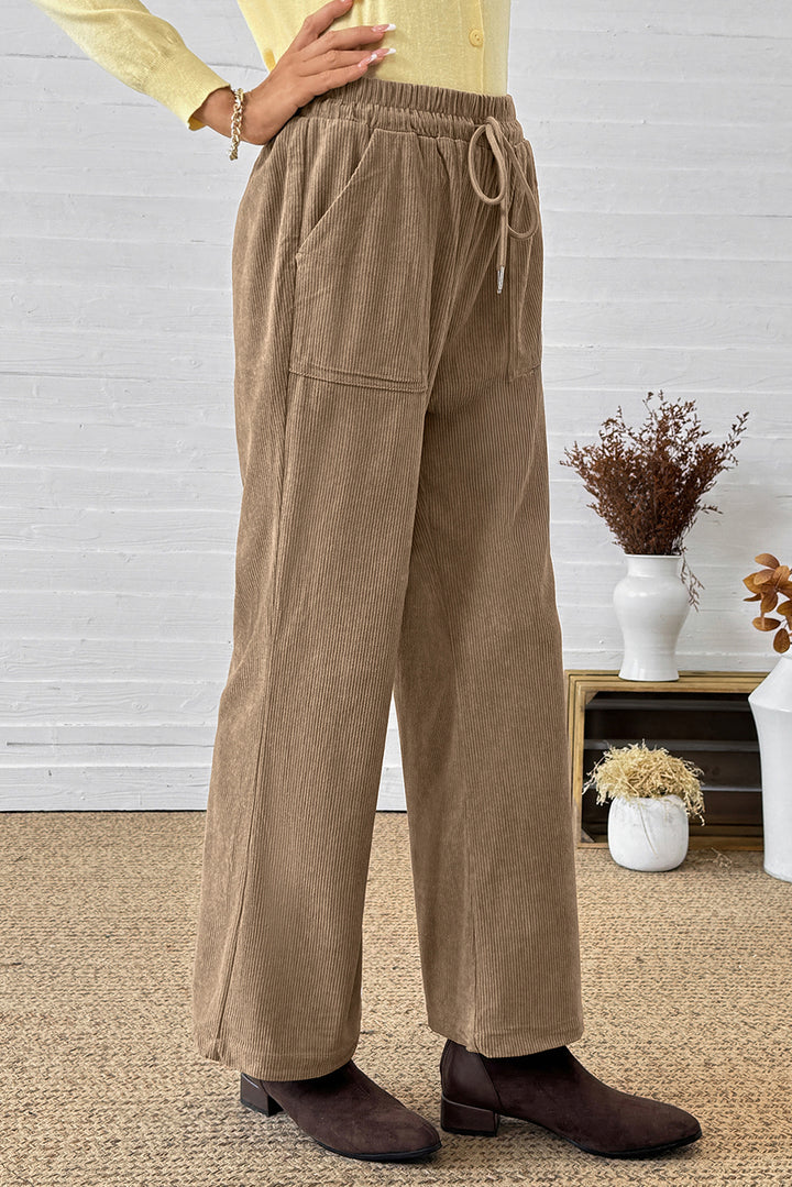 Parchment Tie Elastic Waist Soft Corduroy Pants
