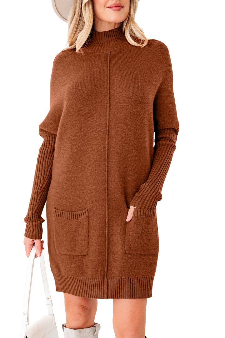 Ribbed High Neck Front Pockets Center Seam Shift Sweater Dress
